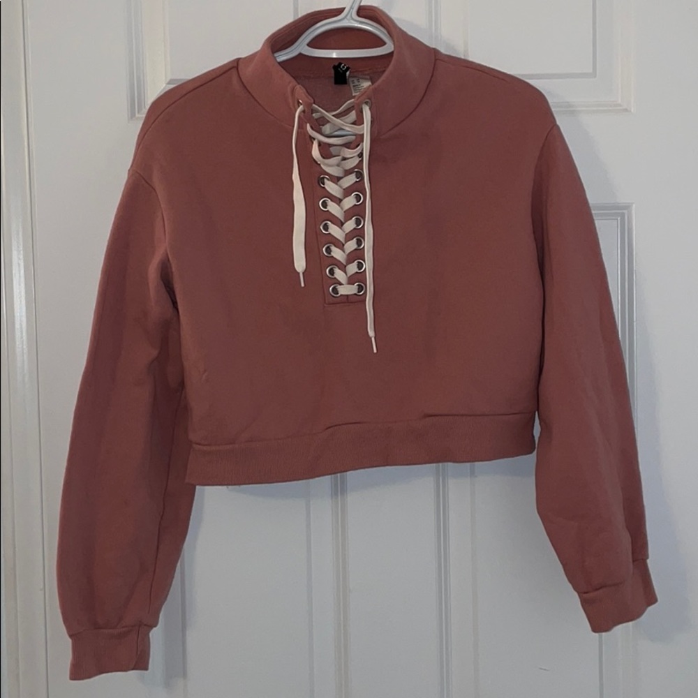 Dusty rose lace up crop hoodie